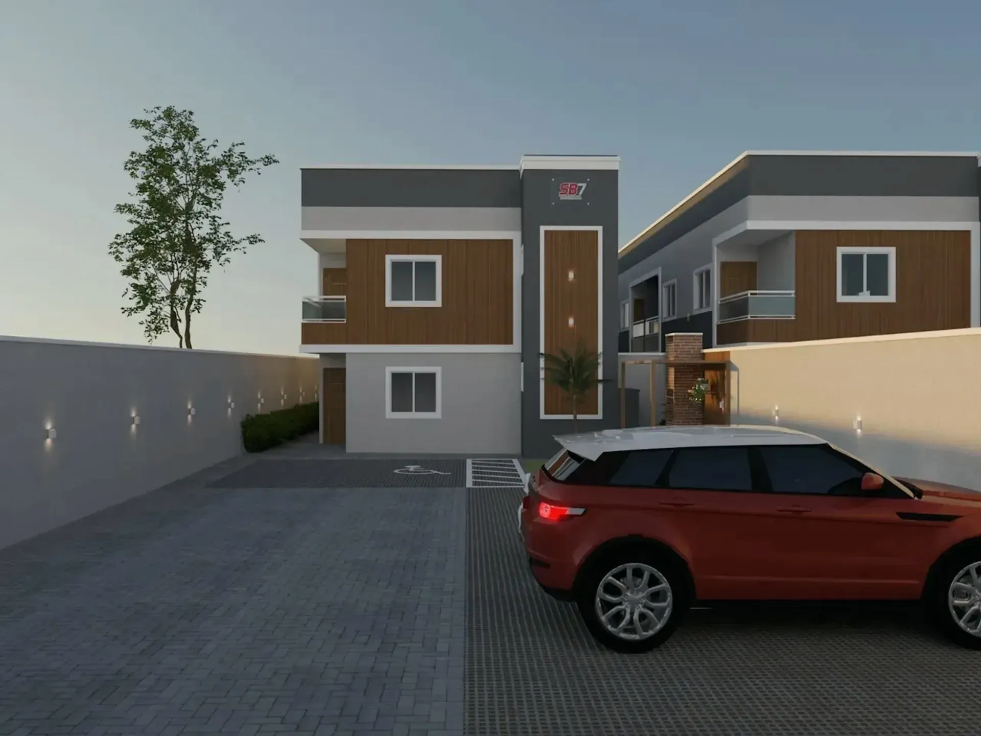 Fachada de residencial com estacionamento